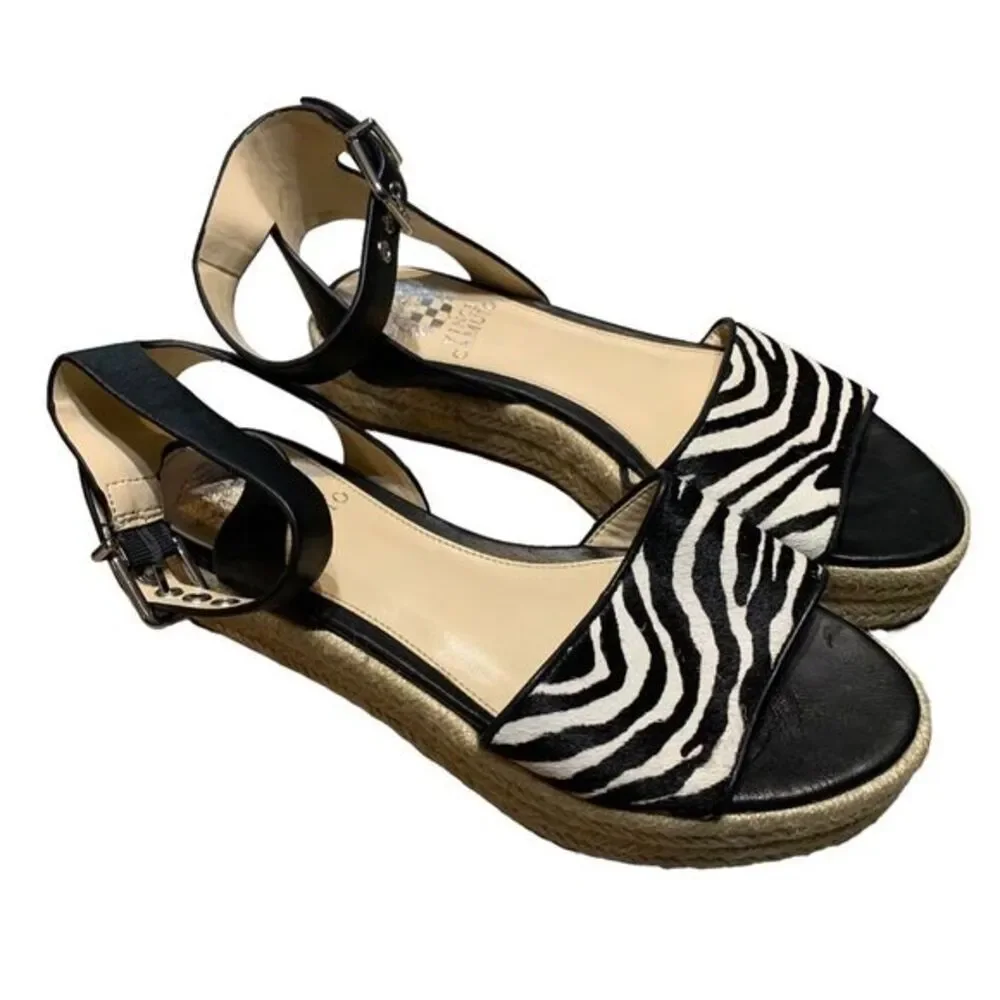 Vince Camuto Espadrille Sandals Womens 6 Black Zebra Print Platform Buckle Strap